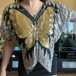 Sequin Butterfly Embellished Top - Black and Gold